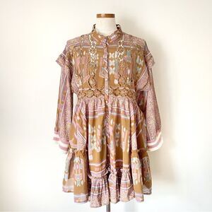 Cottagecore Free People Augustine Mini babydoll dress Brown Pink NWOT size XS
